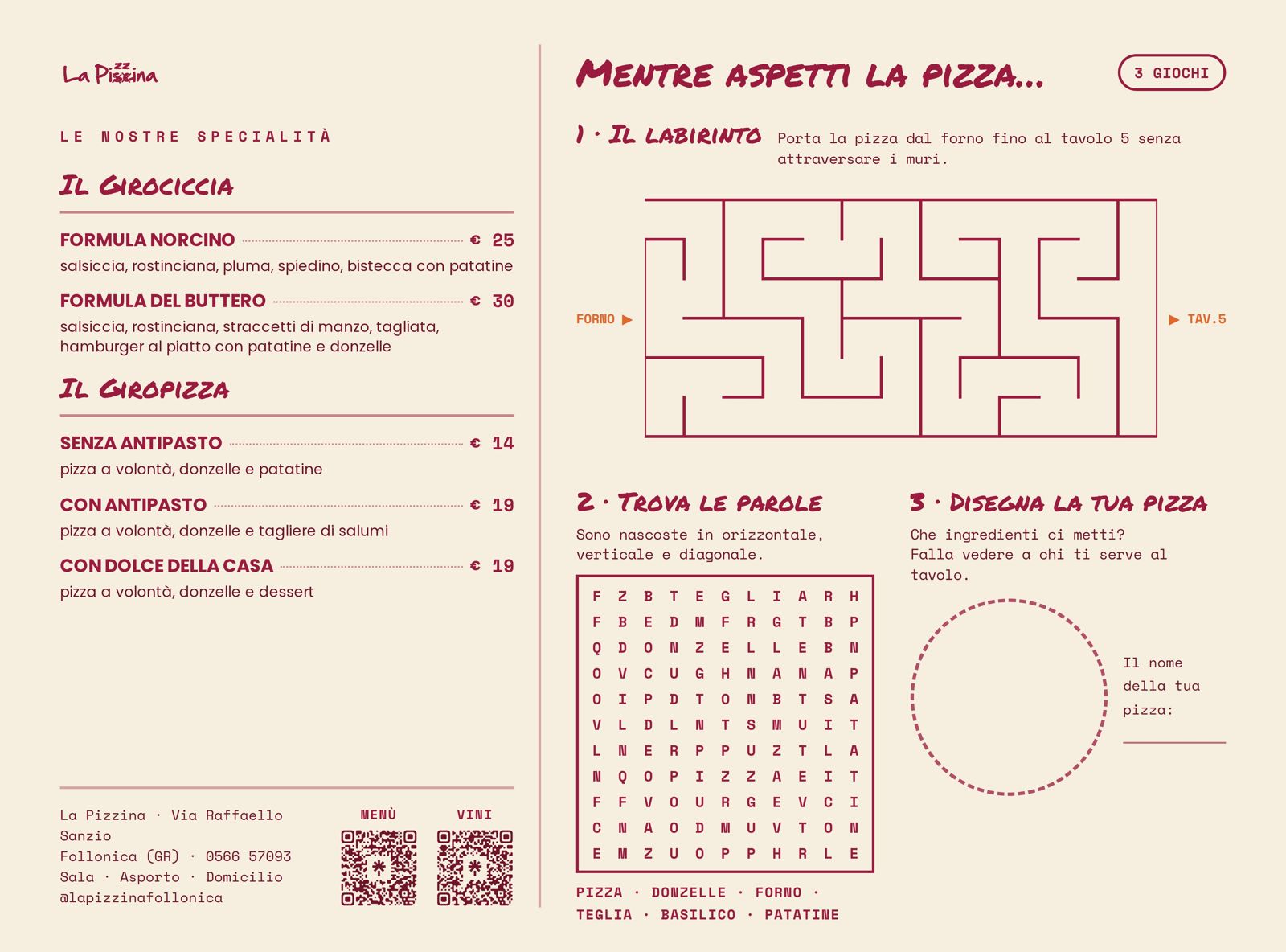 La tovaglietta de La Pizzina con tre giochi per bambini: labirinto, trova le parole e disegna la tua pizza
